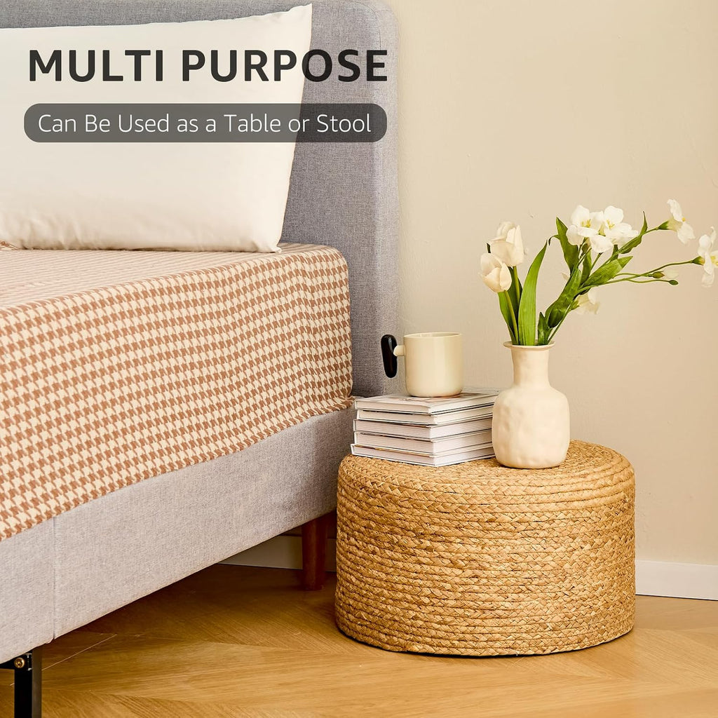 Wimarsbon Round Pouf Ottoman, Natural Hand Knitted Footrest Poof, Rustic Lounge Pouffe, Boho Pous Foot Stool, Accent Table or Seat (Natural Water Hyacinth, 17.7 * 17.7 * 9.84)