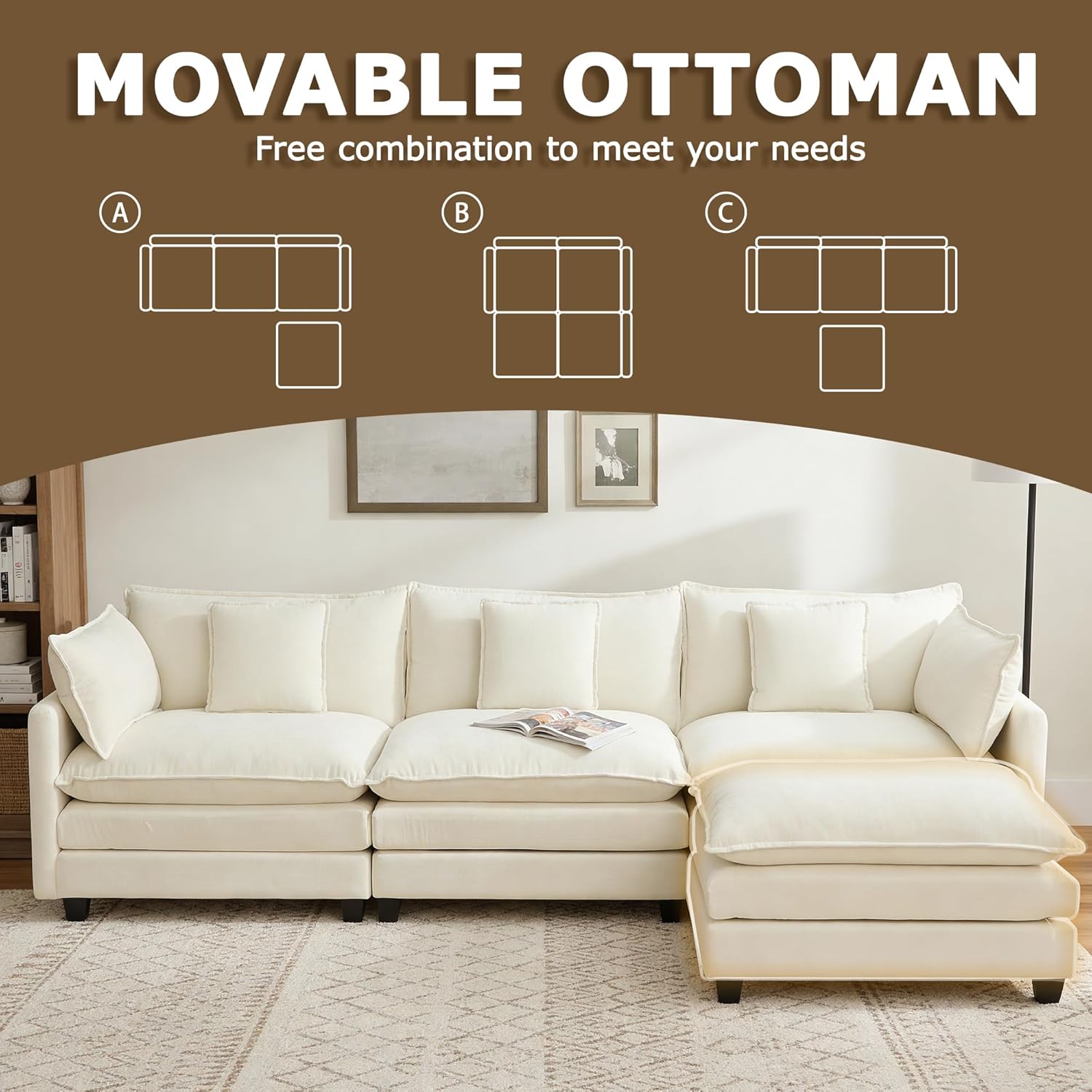 113" Modular Sectional Sofa, L Shaped Cloud Couch with Ottoman | Comfy Chenille Deep Seat Sofa with Throw Pillows, 4 Seat Modern Couches for Living Room Bedroom Apartment, Beige, 113" L