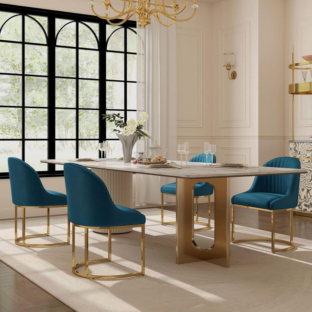Velvet Dining Chairs Set of 4, Modern Dinning Room Chairs with Golden Metal Frame & Legs, Upholstered Kitchen Chair Armless Accent Side Chairs for Living Room/Kitchen/Dining Room, Teal Blue