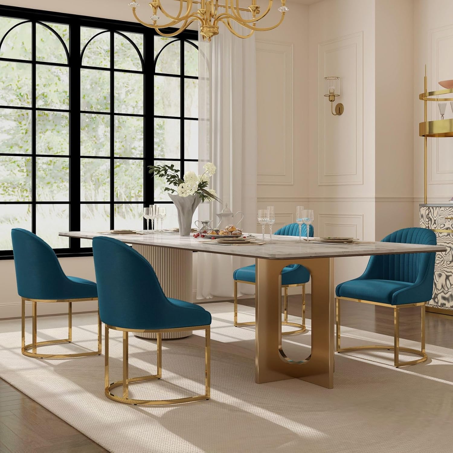 Velvet Dining Chairs Set of 4, Modern Dinning Room Chairs with Golden Metal Frame & Legs, Upholstered Kitchen Chair Armless Accent Side Chairs for Living Room/Kitchen/Dining Room, Teal Blue