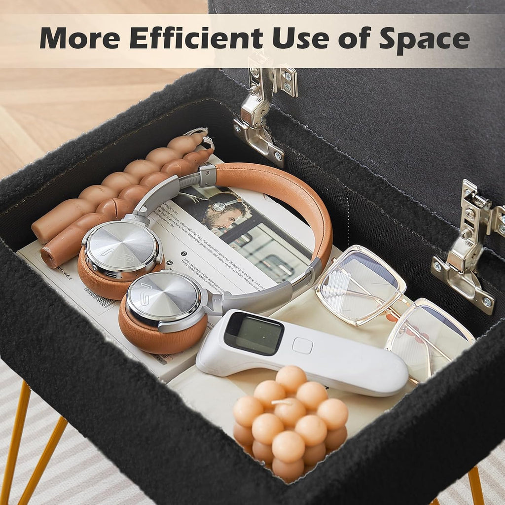 Alessing Vanity Stool Chair Ottoman with Storage, Sherpa Vanity Chair for Makeup Room, Rectangle Vanity Stools with Metal Legs, Soft Makeup Stool Footrest Footstools for Bedroom Living Room, Black | Square Padded Seat Foot Stool With Metal Legs For
