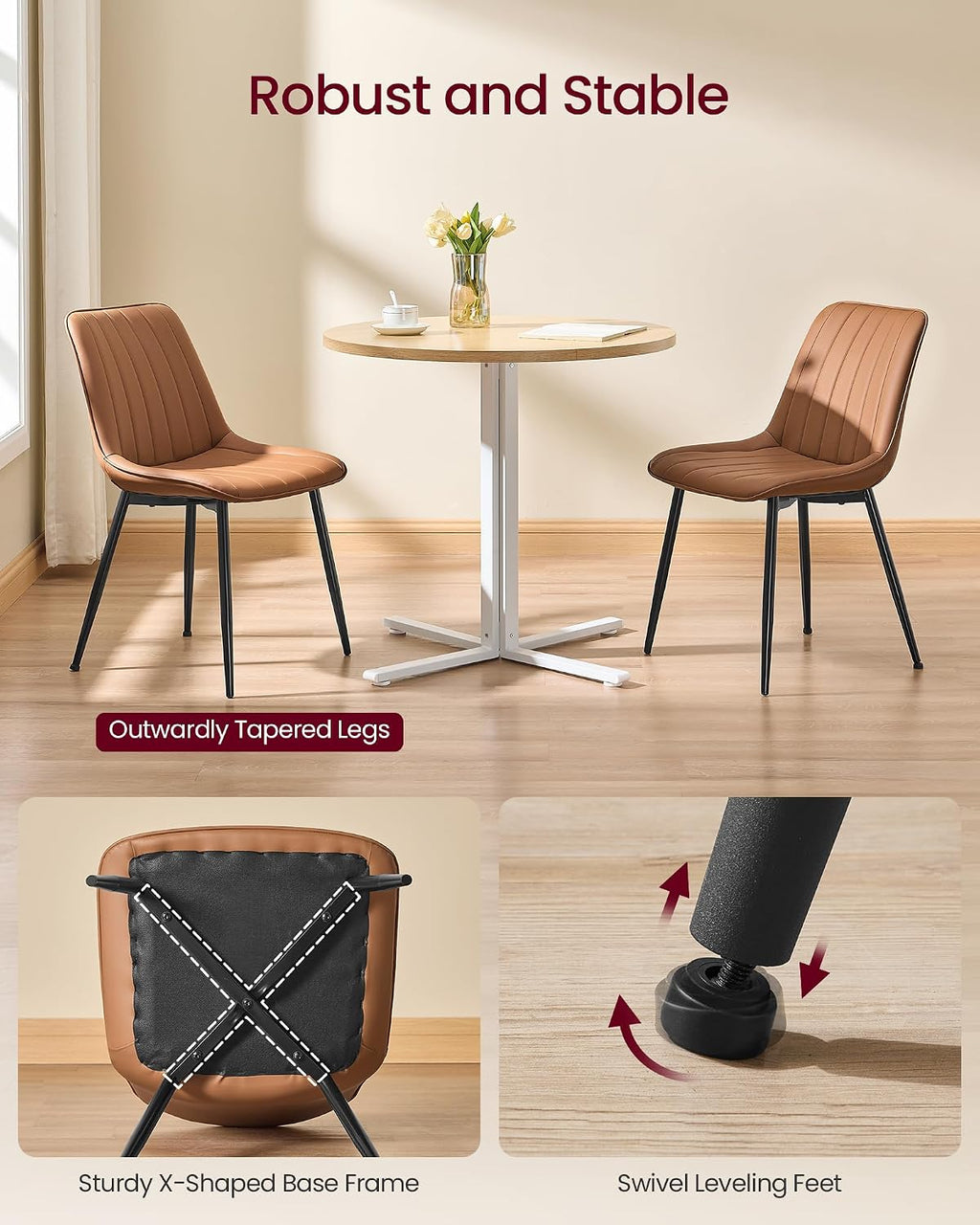 VASAGLE Dining Chairs Set of 2, Upholstered Kitchen Chairs, Synthetic Leather, Max. Load 264 lb, Steel Legs, Curved Backrest, for Dining Room, Caramel Brown and Ink Black ULDC090KN03