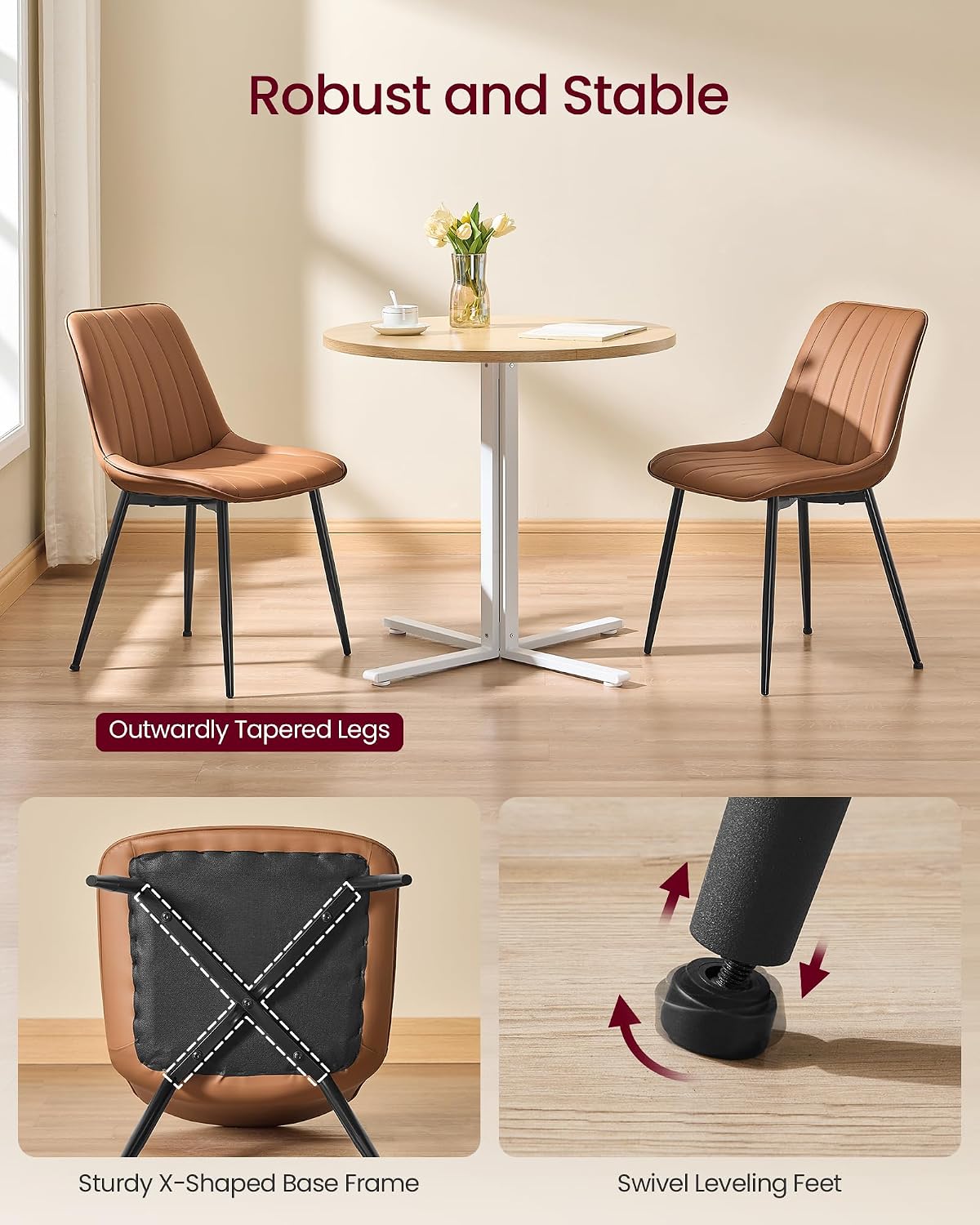 VASAGLE Dining Chairs Set of 2, Upholstered Kitchen Chairs, Synthetic Leather, Max. Load 264 lb, Steel Legs, Curved Backrest, for Dining Room, Caramel Brown and Ink Black ULDC090KN03