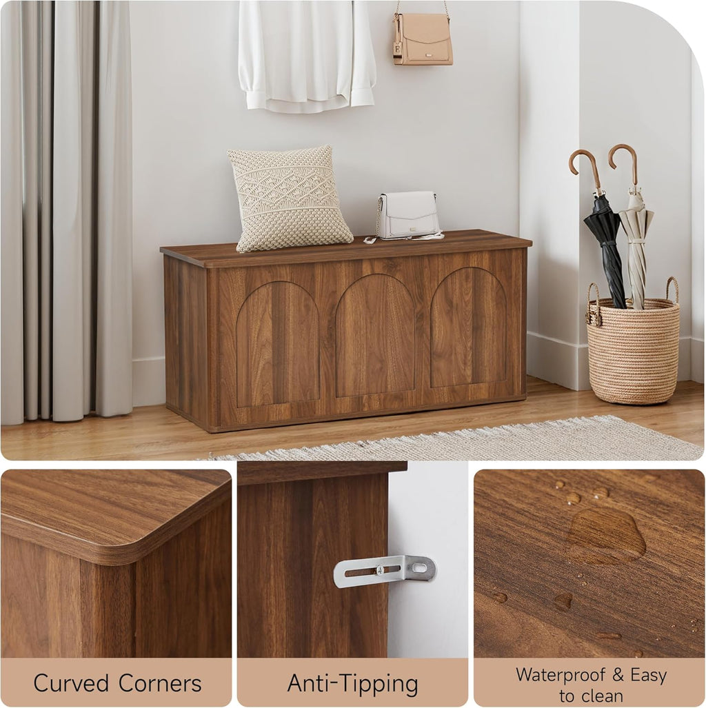 Storage Chest, 43'' Wood Storage Trunk with Flip-Top, Farmhouse Wooden Shoe Storage Bench for Hallway, Bedroom, Living Room, Walnut