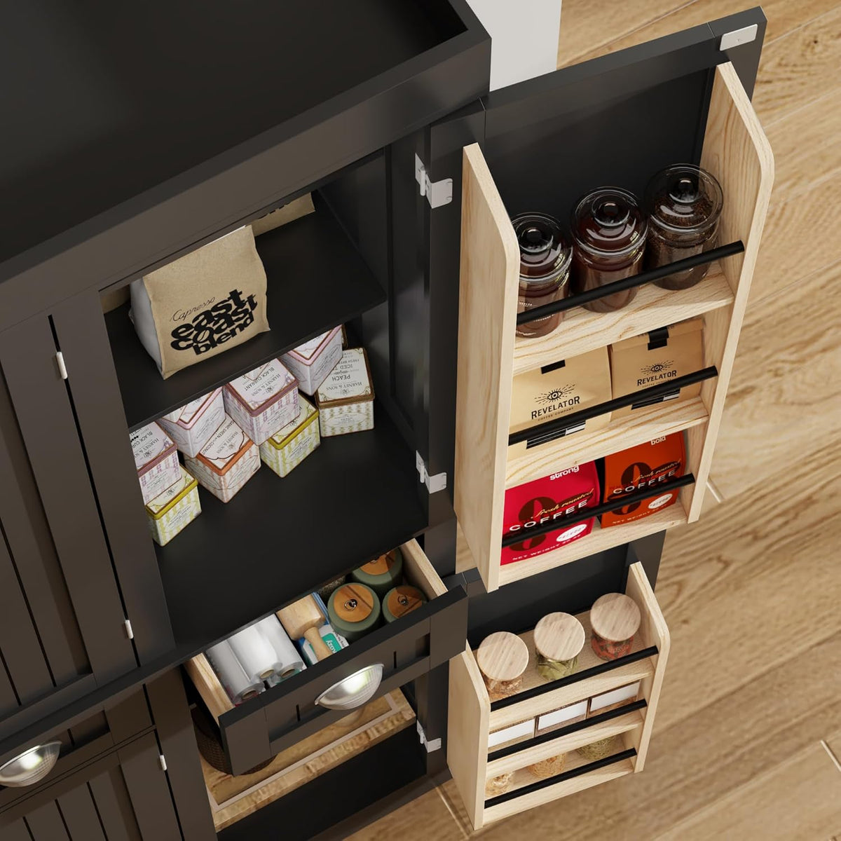 71" Tall Kitchen Cabinet Pantry Storage,Modern Kitchen Hutch Cabinet with Doors and Adjustable Shelves,Large Freestanding Food Pantry with 2 Drawer for Dining Room, Living Room, Hallway,Black