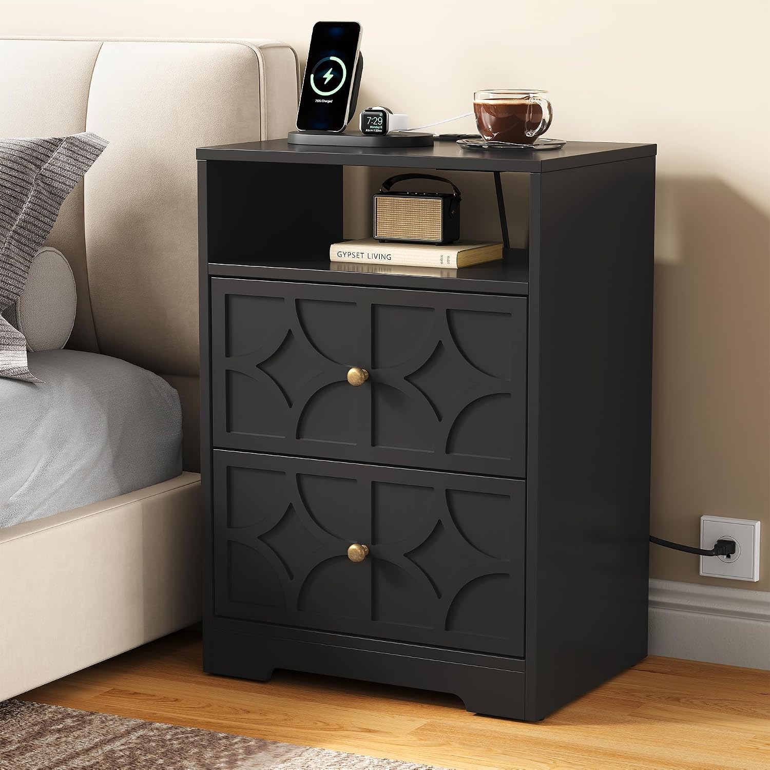 RoyalCraft Nightstand Set of 2, Large Night Stand with Charging Station, Modern Side Table with 2 Drawers, Accent End Table, Storage Cabinet for Bedroom, Entryway, Black