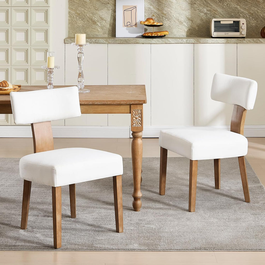 Upholstered Dining Chairs Set of 2, Mid Century Modern Linen Dining Chairs, Armless Side Chairs with Curved Back and Wood Legs for Kitchen, Dining Room, Living Room, Cream