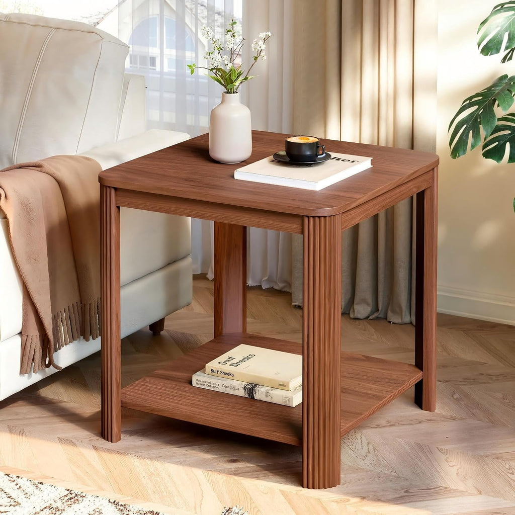 Boho Wave Engineered Wood End Table with 2-Tier Open Storage Shelf, Sturdy Load-Bearing Structure and Safety Rounded Corner Design(Walnut)