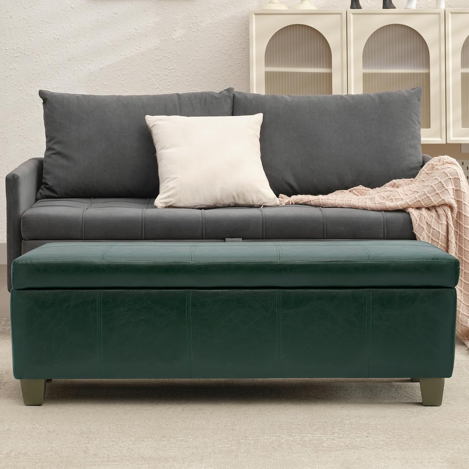 51 Inch Storage Ottoman, Storage Bench with Safety Hinge, Upholstered Synthetic Leather Ottoman Bench for Bedroom, Living Room, Entryway, Hallway, Foot Rest, Support 500lbs