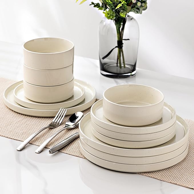 GBHOME Dinnerware Set for 4, 12 Piece Speckled Plates and Bowls Set with Glazed Bottom, Chip & Scratch Resistant Stoneware Plates Sets, Dishwasher & Microwave Safe Dishes (Light Beige, Service for 4)