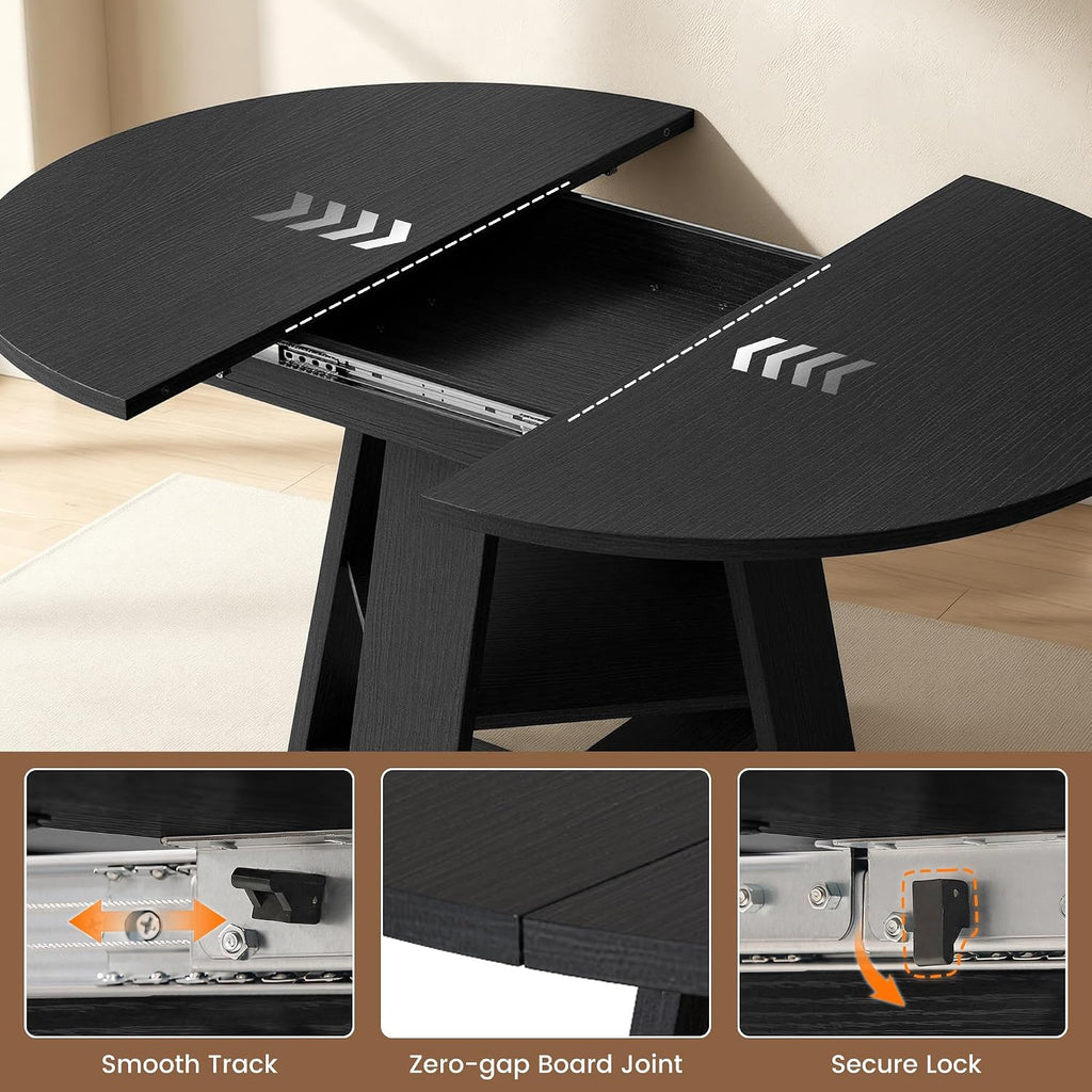Miereirl Round to Oval Dining Table Set for 4-6, Expandable Kitchen Table with Upholstered Chairs, Dining Room Furniture Set with Hidden Storage Shelf, Space-Saving Dining Set for Apartment