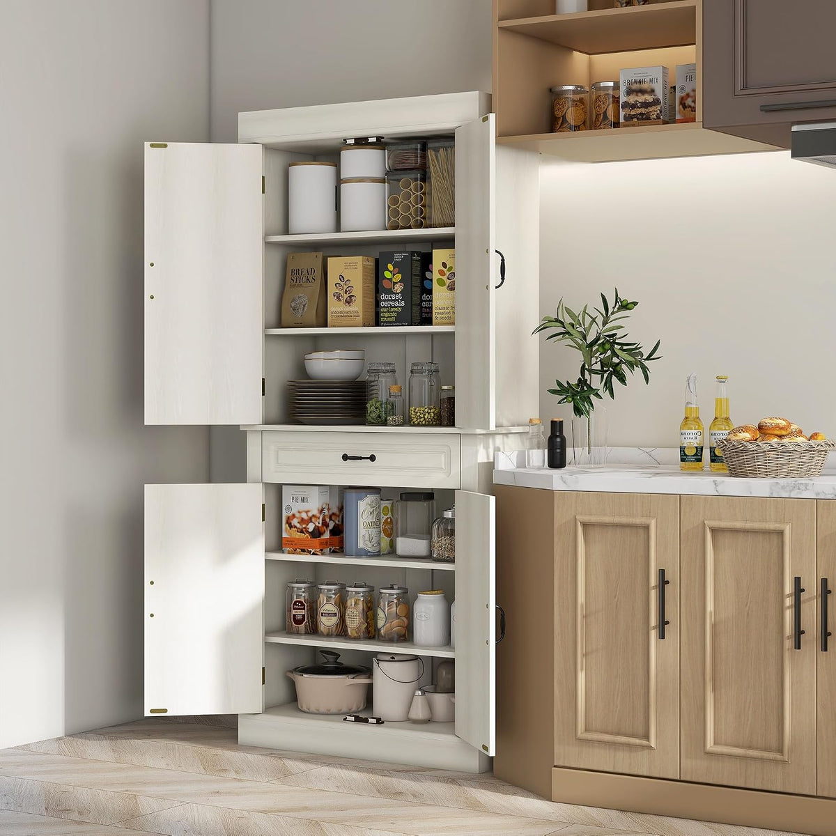 HOMCOM 71" Freestanding Kitchen Pantry Cabinet, Tall Storage Cabinet with 4 Doors and Drawer for Dining Room, Distressed White