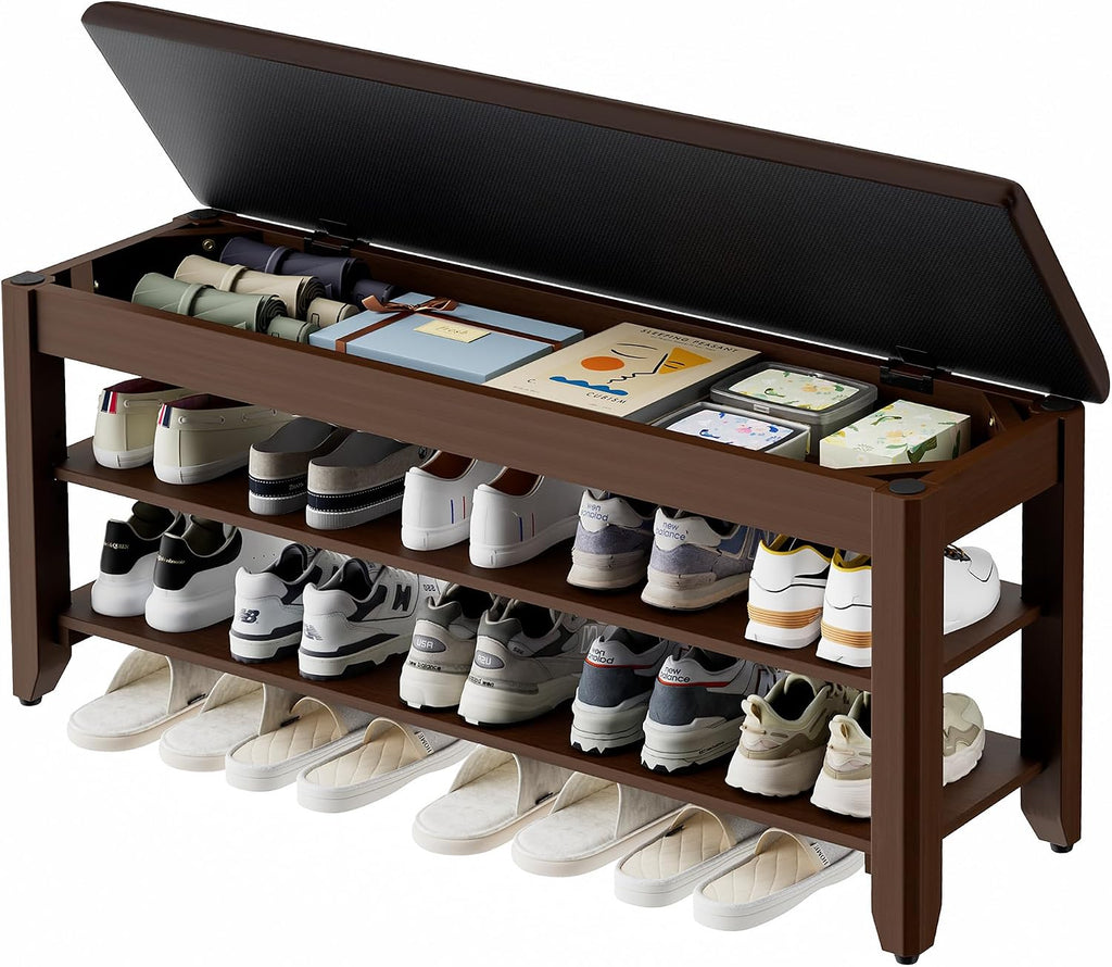 Homleke 39.4" Wide Solid Wood Shoe Rack Bench with Flip-Top Storage | 2-Tier Entryway Bench with Cushion, Adjustable Shelf, Holds Up to 10 Pairs, for Hallway, Bedroom and Closet, Walnut