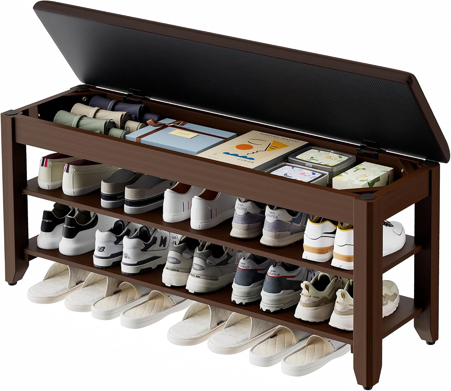 Homleke 39.4" Wide Solid Wood Shoe Rack Bench with Flip-Top Storage | 2-Tier Entryway Bench with Cushion, Adjustable Shelf, Holds Up to 10 Pairs, for Hallway, Bedroom and Closet, Walnut