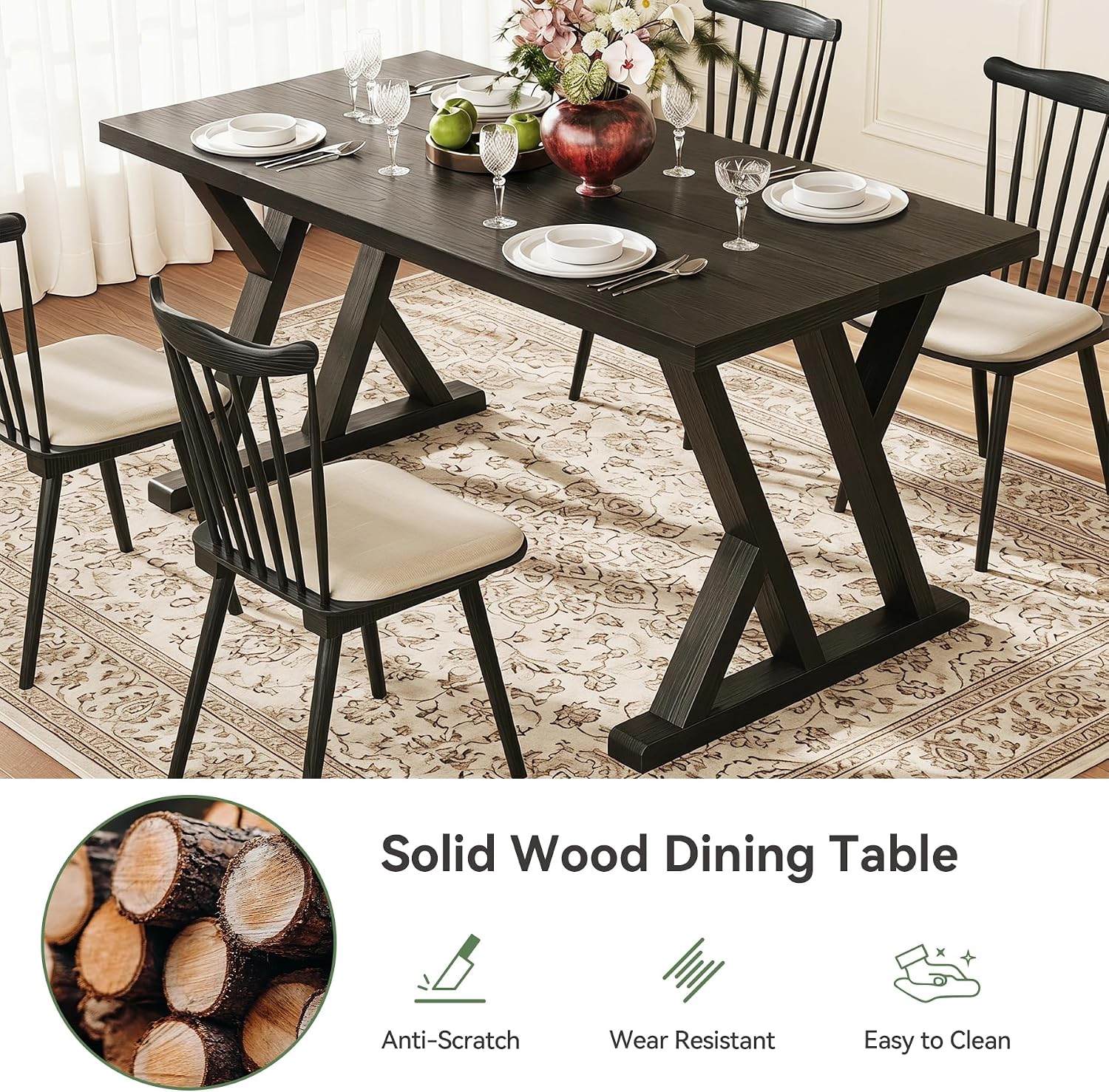 Solid Wood Dining Table for 4-6 People, 63 Inches Wooden Farmhouse Rectangular Kitchen Dinner Table with Heavy-Duty Legs for Home, Living Room, Dining Room, Black