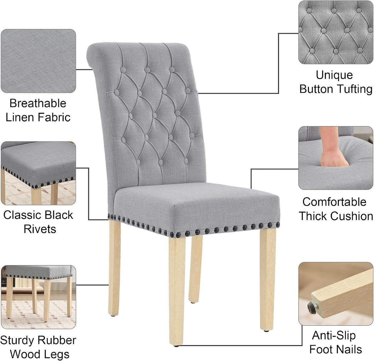 LOULENS Fabric Dining Chairs Set of 2, Modern Linen Upholstered Parson Chairs with Button Tufting and Solid Wood Legs for Kitchen & Dining Room, Light Gray