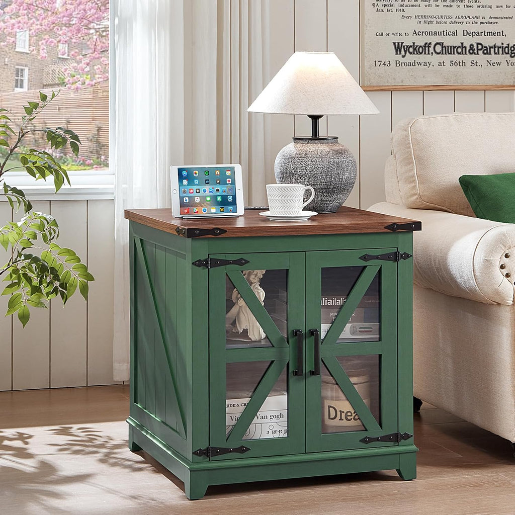 Joaxswe Farmhouse End Table, 24" Large Sofa Side Table with Charging Station Glass Barn Door, Wood Nightstand with Adjustable Storage Shelf, Square Bedside Table for Living Room, Bedroom, Office-Green