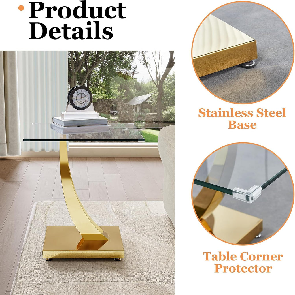 23" Glass End Table, Modern Square Side Table with Tempered Glass Top and Gold Horn-Shaped Stainless Steel Base for Apartment, Office
