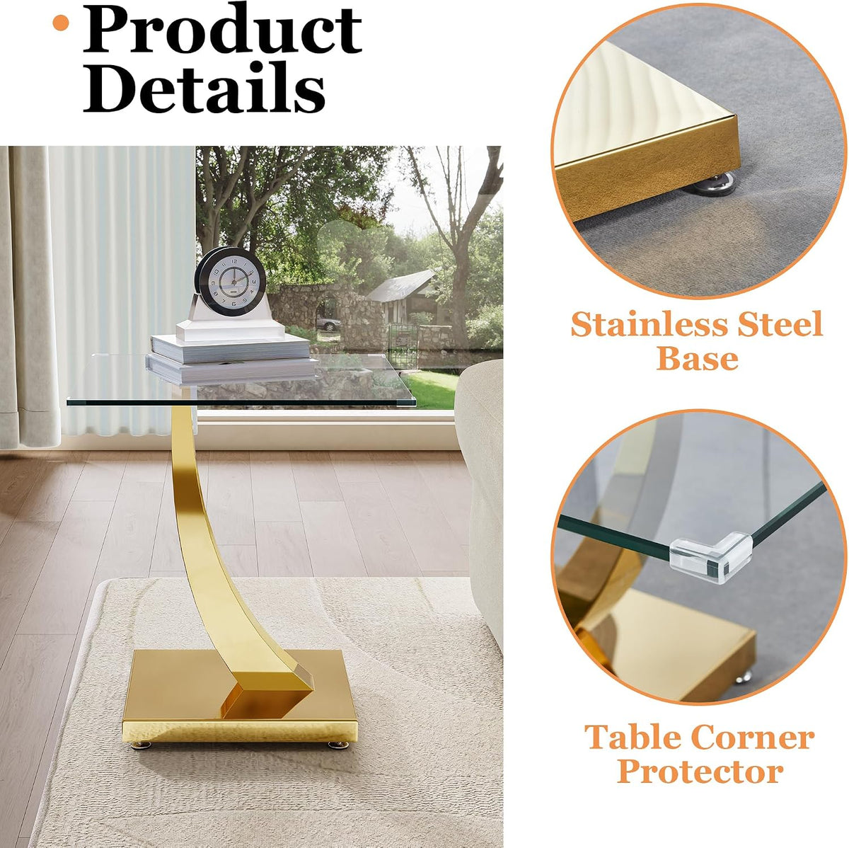 23" Glass End Table, Modern Square Side Table with Tempered Glass Top and Gold Horn-Shaped Stainless Steel Base for Apartment, Office