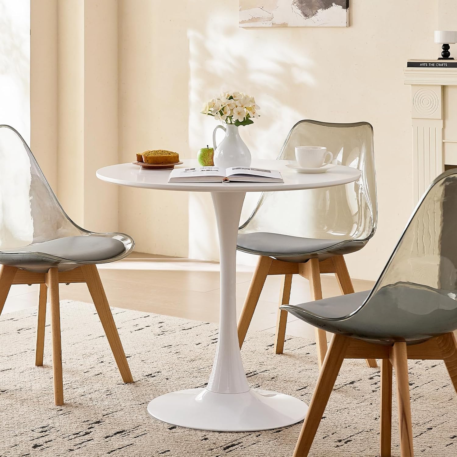 Acrylic Dining Chairs Set of 4, with Soft Cushion, Light Gray | Clear Acrylic Backrest With Soft Padded Seat, Sturdy Wooden Legs. Ideal For Kitchen And Living Room