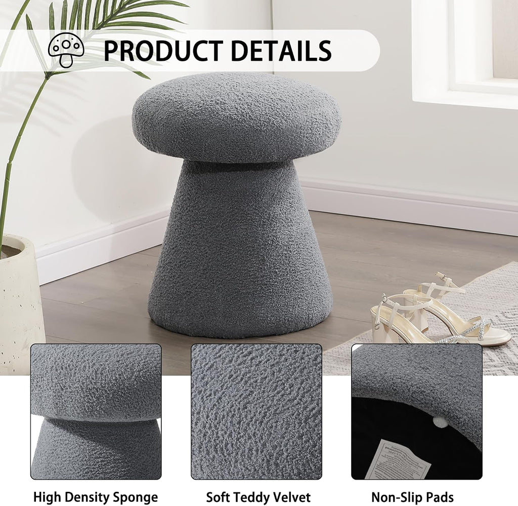 Homebeez Mushroom Ottoman Foot Stool, 18 inch Teddy Fleece Small Footrest, Round Sherpa Pouf for Living Room, Bedroom, Cute Modern Accent Seating, Slate Gray