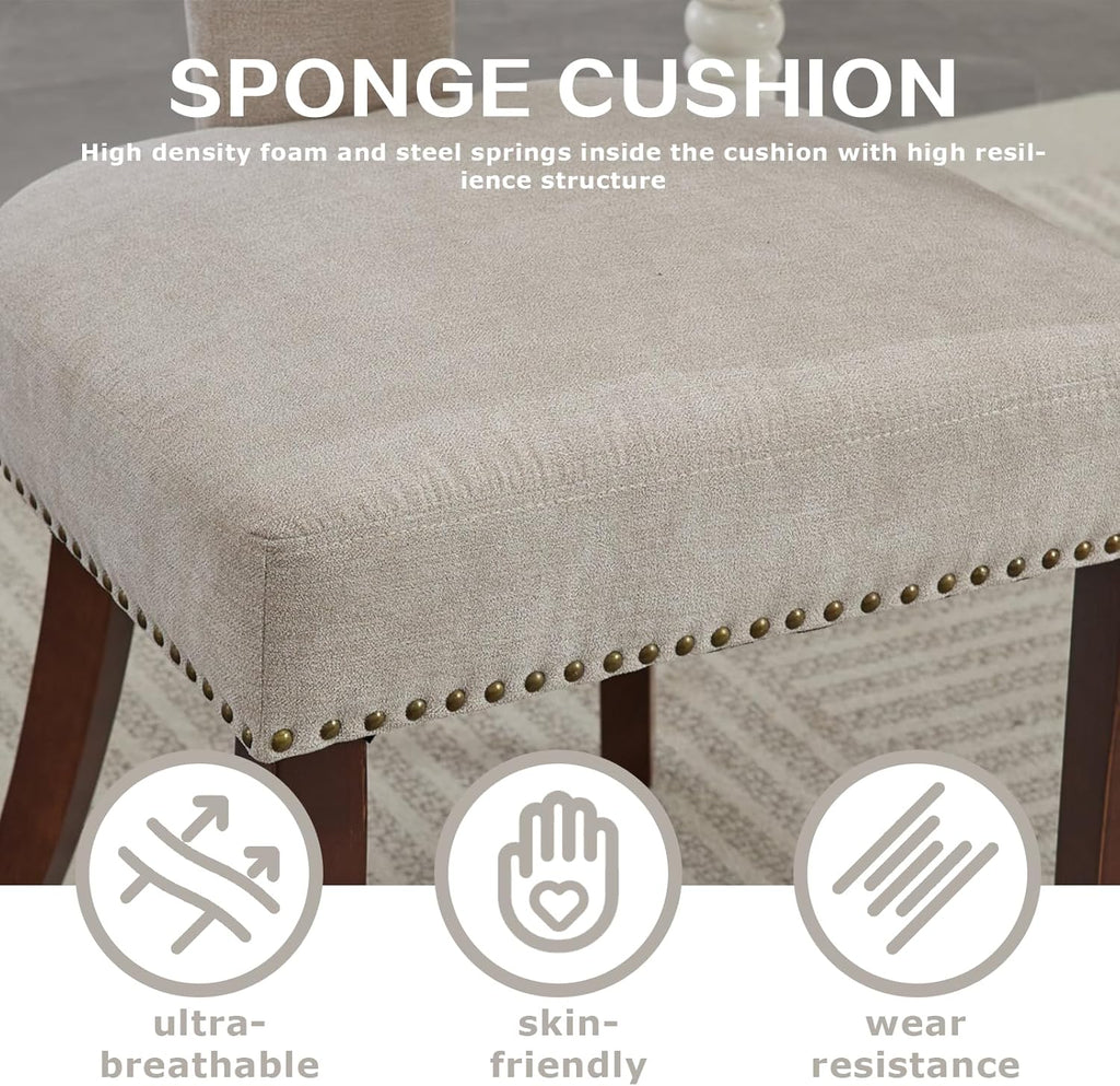 SoarFlash Modern Wooden Dining Chairs Set of 6, Farmhouse Linen Fabric Upholstered Accent Chair Curved Backrest with Copper Nails Around,Kitchen Chairs with Hardwood Frame, Beige