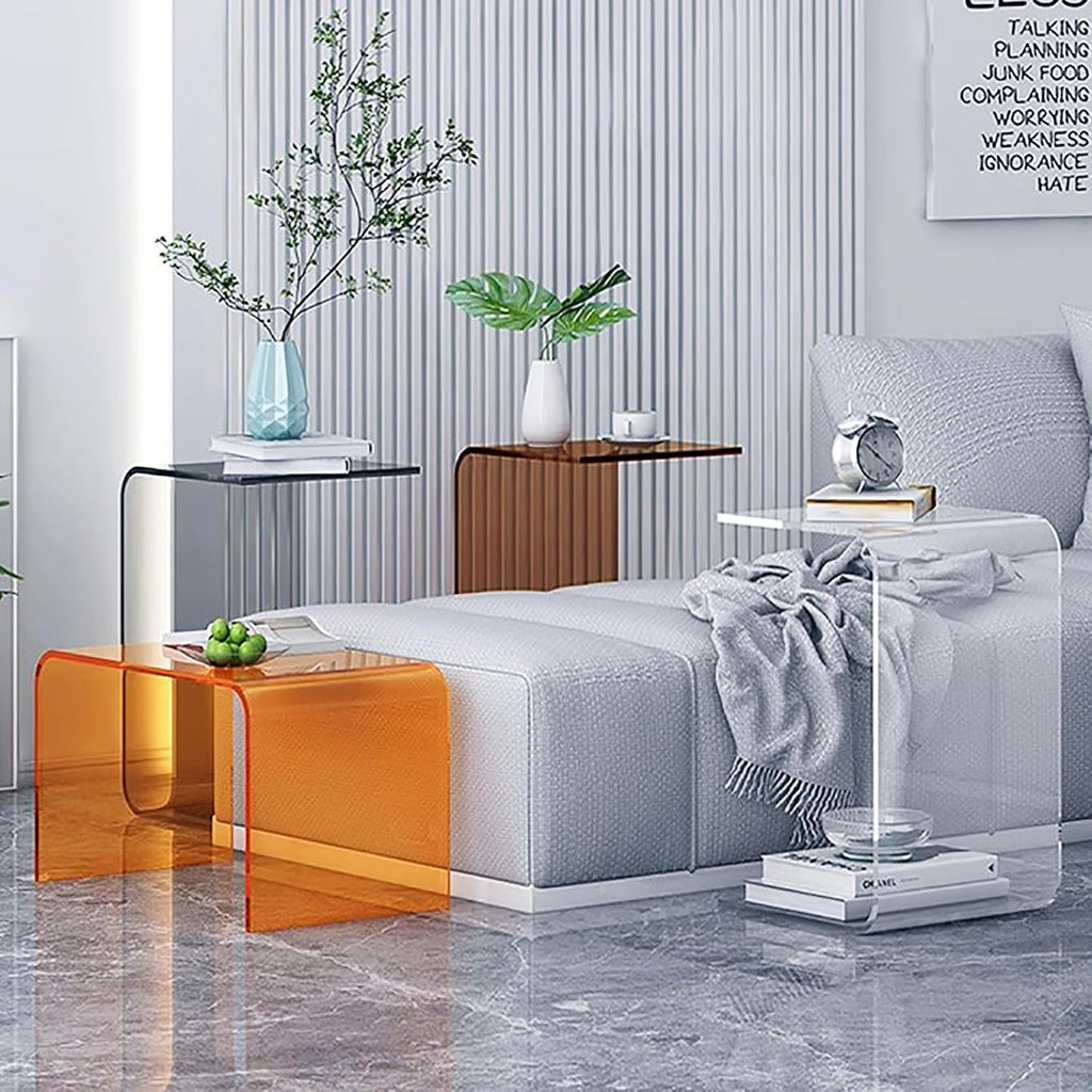 C Shaped Acrylic Side Table,Modern End Table for Sofa,Multipurpose Transparent Couch Tables Slides Under Couch for Living Room, Bedroom(12" L x 12" W x 25.5" H, Blue)