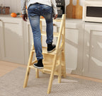 Library Ladder 4 Tier Folding Step Stool Chair 3-in-1 Multi-Functional Wood Step Ladder 265 lbs Indoor and Outdoor Display Stand and Storage Shelf for Home, Library, Kitchen