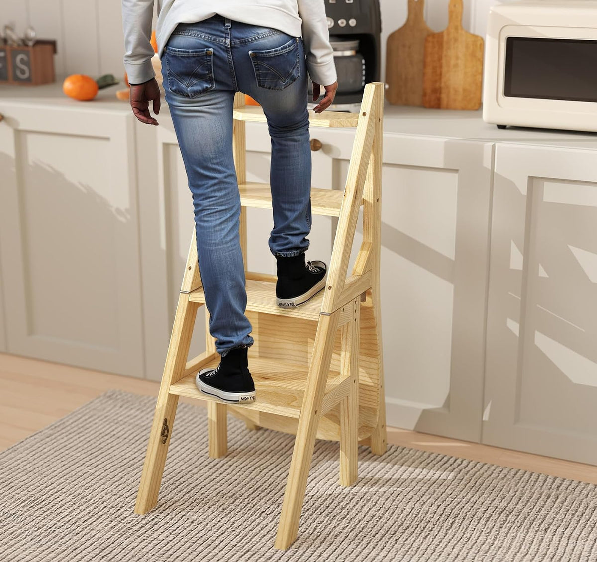 Library Ladder 4 Tier Folding Step Stool Chair 3-in-1 Multi-Functional Wood Step Ladder 265 lbs Indoor and Outdoor Display Stand and Storage Shelf for Home, Library, Kitchen