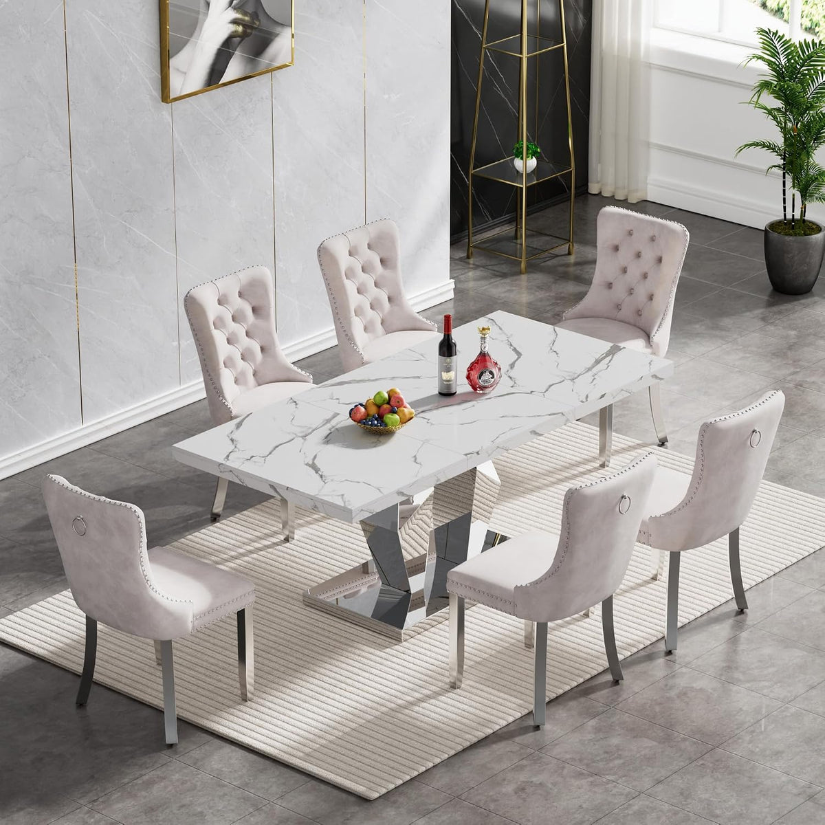 Henf Luxury Marble Dining Table for 6-8 Rectangular 70" Faux Marble Kitchen Table with Silver Mirrored Stainless Steel Base,White Faux Marble Large Long Pedestal Table (Table Only)