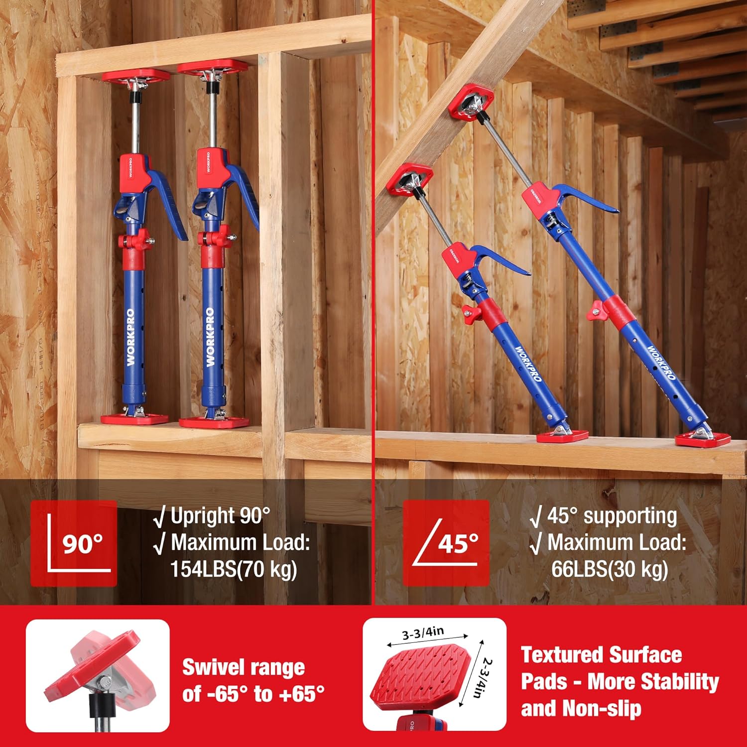 WORKPRO Cabinet Jack Support Pole, 18.5" to 29.5" Steel Telescopic Quick Support Rod Adjustable 3rd Hand Support System with 154 lbs Capacity for Cabinet Jack, Drywall Jack& Cargo Bars, 2-Pack