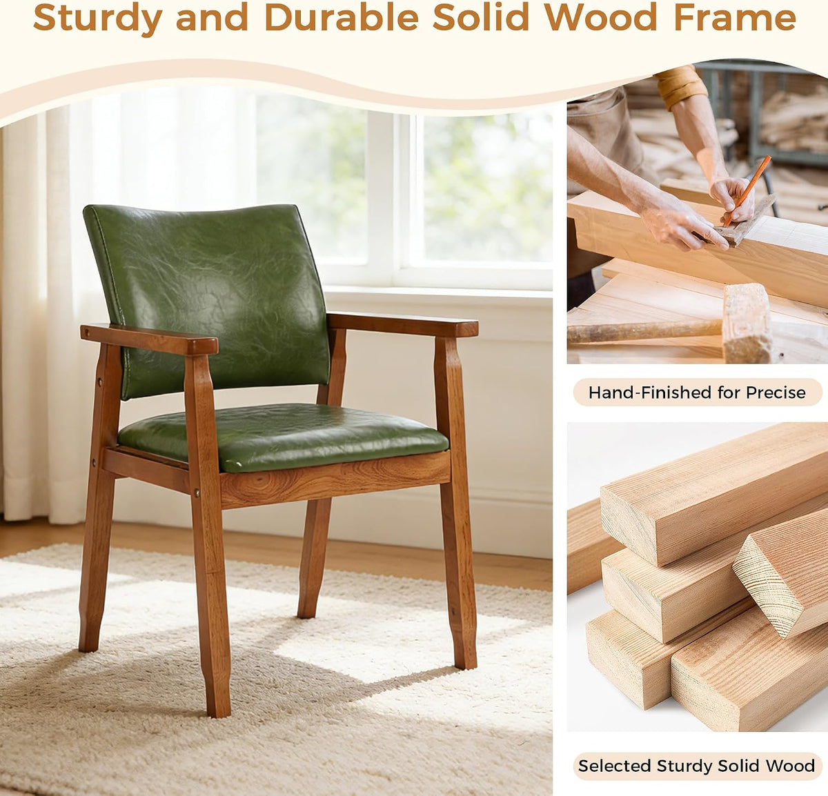 NOBPEINT Mid-Century Modern Dining Chairs with Armrest Set of 2, PU Leather Upholstered Dining Room Chairs with Solid Wood Frame, Walnut Kitchen Armchairs for Kitchen Living Room Restaurant, Green