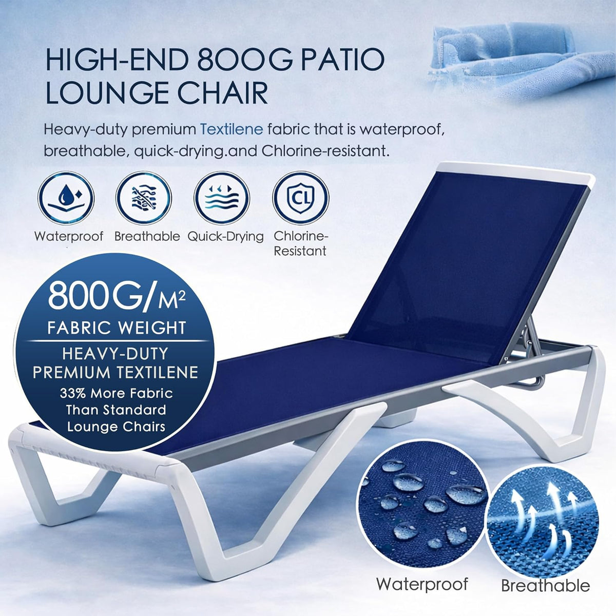 Kozyard Outdoor Chaise Lounge Chair, Full Flat Adjustable Patio Lounger with Aluminum Frame & Resin Legs, Textilene Fabric for Poolside, Backyard & Beach (NavyBlue, 2Chairs + Table)