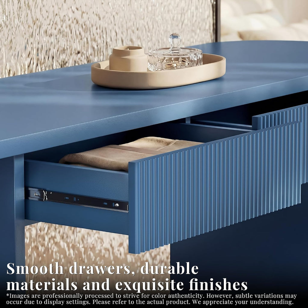 63" Fluted Entryway Console Table with 2 Drawers & Storage, Blue | Ribbed Accent Piece,Curved Edge,Hidden Catch-All,Dense MDF,Narrow Hallway,Behind Couch,Slim Profile,Solid Build,Foyer Accent