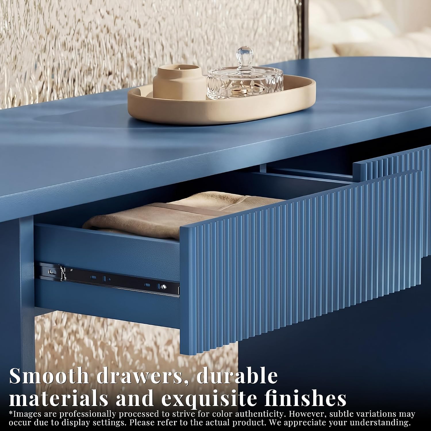 63" Fluted Entryway Console Table with 2 Drawers & Storage, Blue | Ribbed Accent Piece,Curved Edge,Hidden Catch-All,Dense MDF,Narrow Hallway,Behind Couch,Slim Profile,Solid Build,Foyer Accent