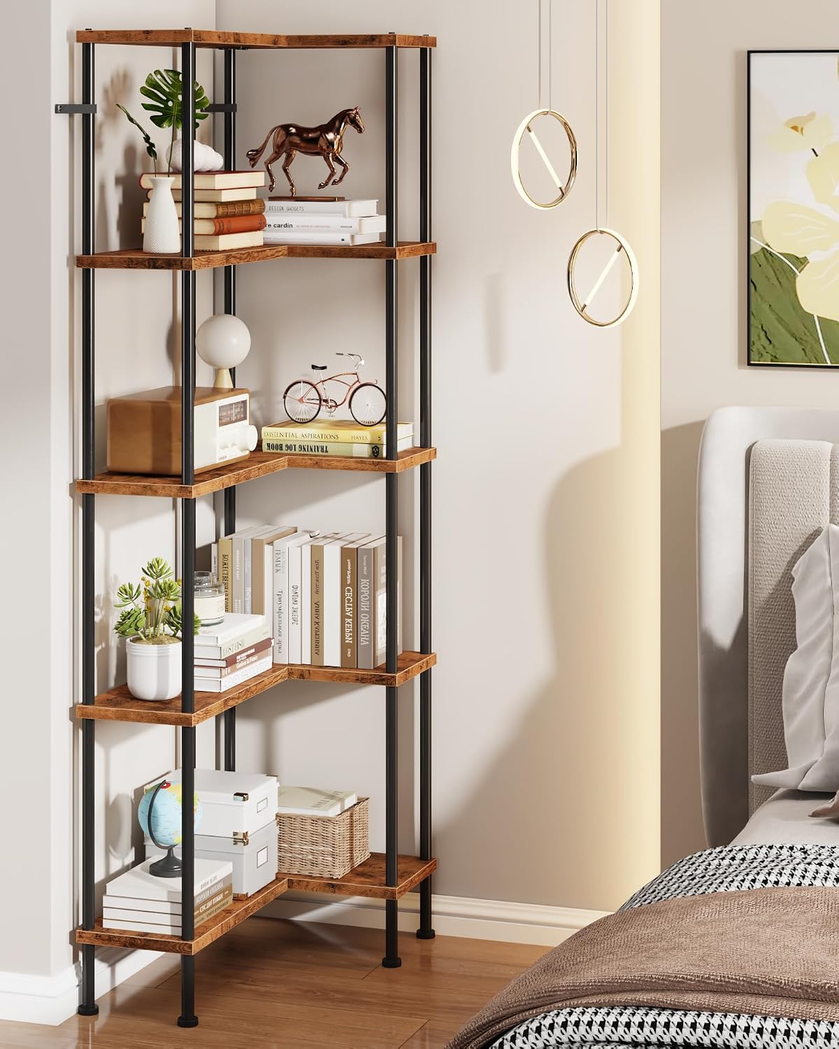 HIGDBFE 5-Tier L-Shaped Corner Bookshelf, 60" Tall Modern Corner Shelf