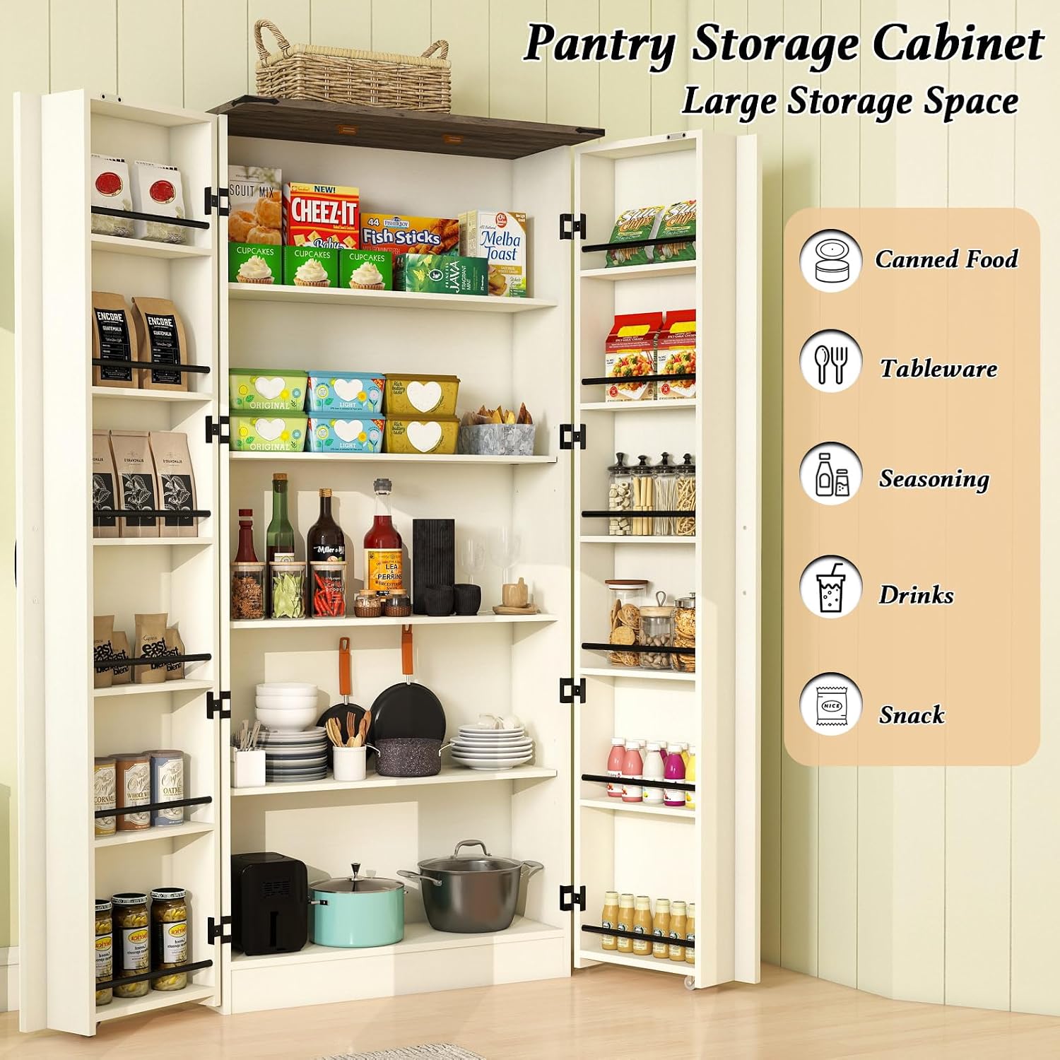Tall Kitchen Pantry Cabinet, White Wood Storage Cabinet with 2 Doors | Food Pantry Cabinets for Kitchen Storage, Off White Wood Storage Cabinet, Farmhouse Cabinets with Freestanding Cupboard