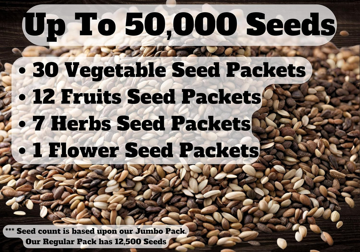 B&KM Farms 30,000+ Survival Seed Kit 5+ Year Supply. 50 Fruit & Vegetable Non-GMO Heirloom Seeds for Planting a Home Garden. Secure Emergency Weather-Proof Package(1, Large)