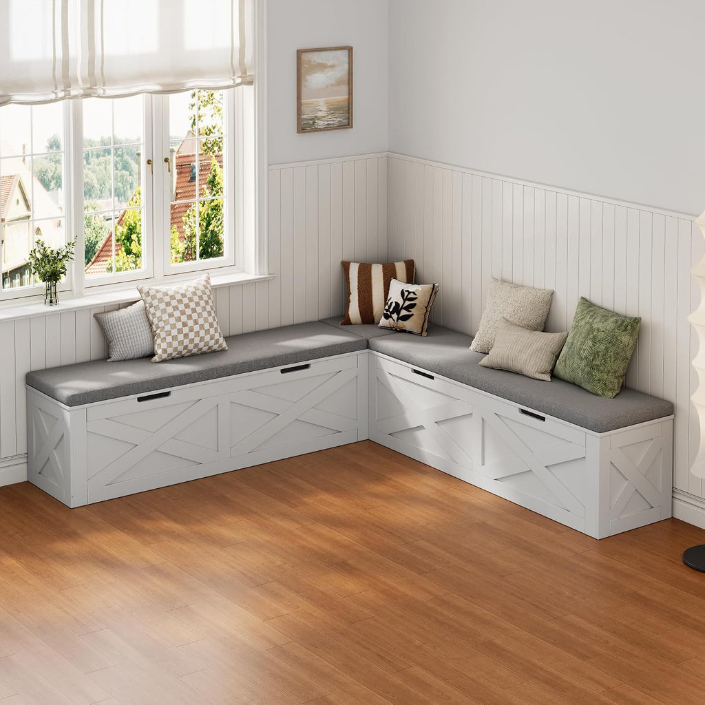 Mekminop Kitchen Breakfast Nook Bench with Cushions, L Shape Corner Storage Bench, Wood Flip-Top Dining Benches with Hidden Storage, for Reading Nook, Entryway, Cloakroom, White + Grey