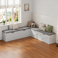 Mekminop Kitchen Breakfast Nook Bench with Cushions, L Shape Corner Storage Bench, Wood Flip-Top Dining Benches with Hidden Storage, for Reading Nook, Entryway, Cloakroom, White + Grey
