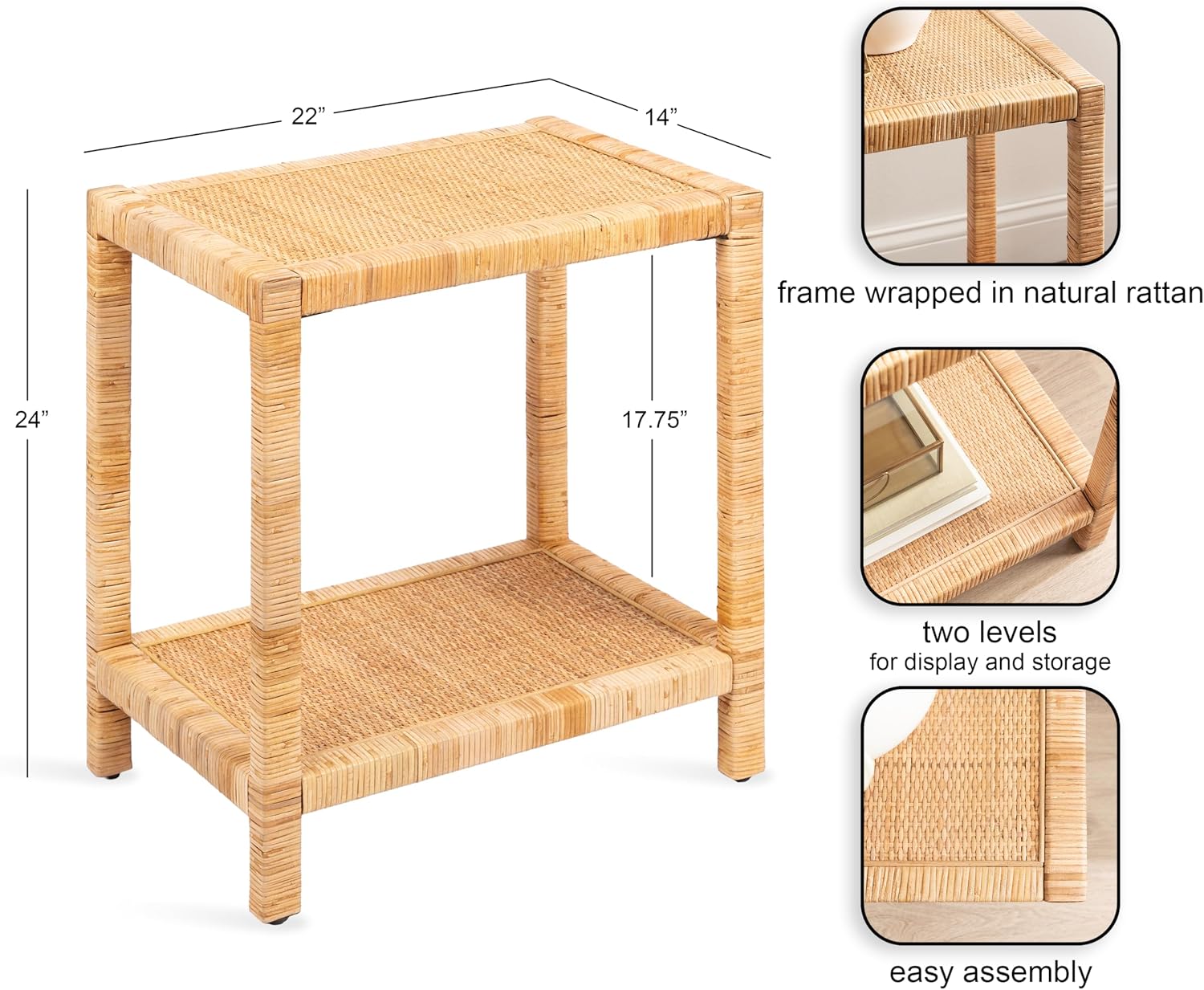 Kate and Laurel Rafina Coastal Rectangle Rattan Side Table, 22 x 14 x 24, Natural Brown, Transitional Boho Rectangular Woven Rattan End Table for Use as Living Room Decor Accent