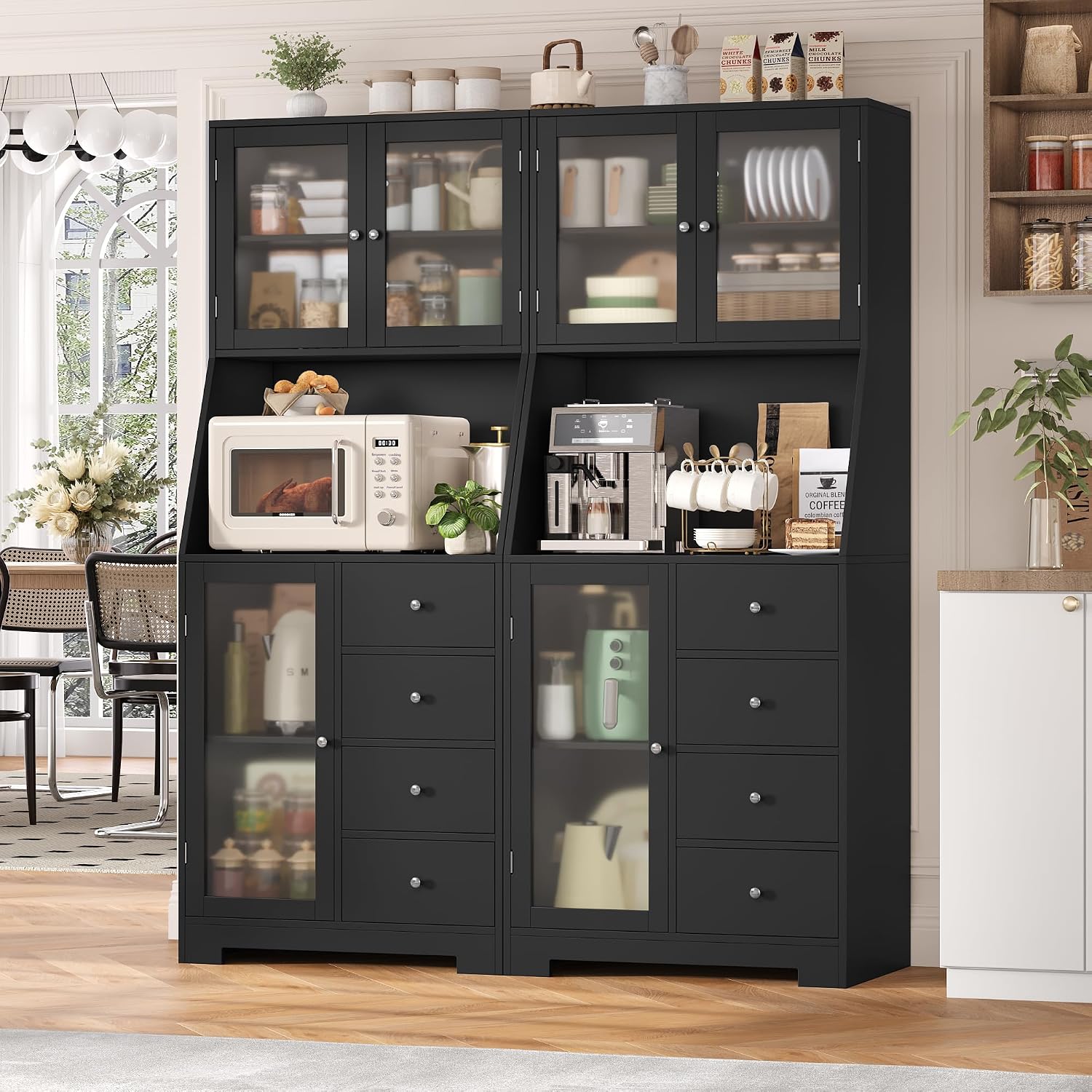 BOTLOG 64'' Kitchen Pantry Storage Cabinet, Tall Kitchen Storage Cabinet with Microwave Stand, Hutch Cabinet with Adjustable Shelves, for Dining Room, Black | Save Space, Frosted Glass Door, Hutch Cabinet with Adjustable Shelves, for Dining Room (Black)