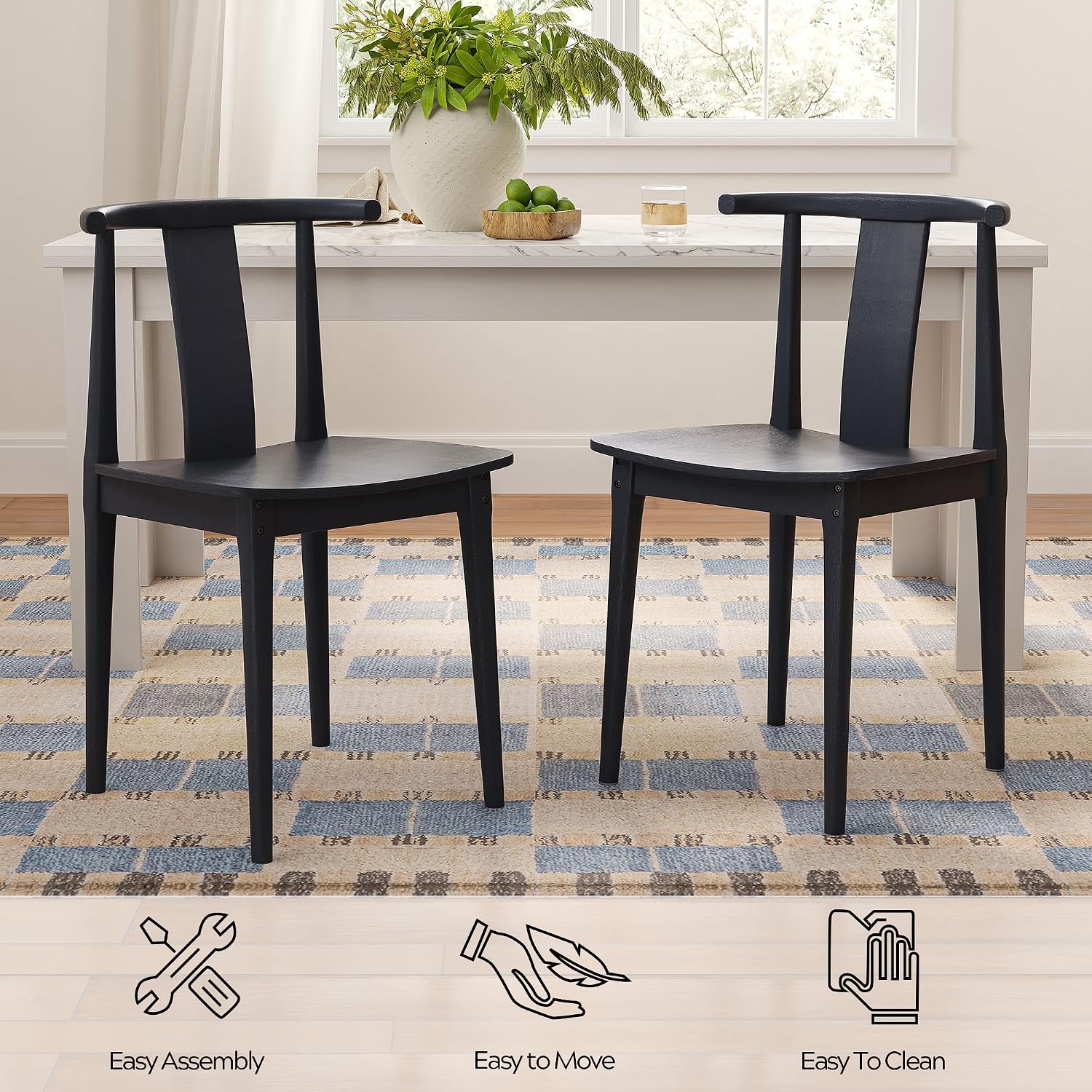 EYYTHUNG Wood Dining Chairs Set of 2, Farmhouse Kitchen Chairs with Curved Back, Modern Mid Century Wishbone Dining Chairs for Dining Room, Kitchen, Black