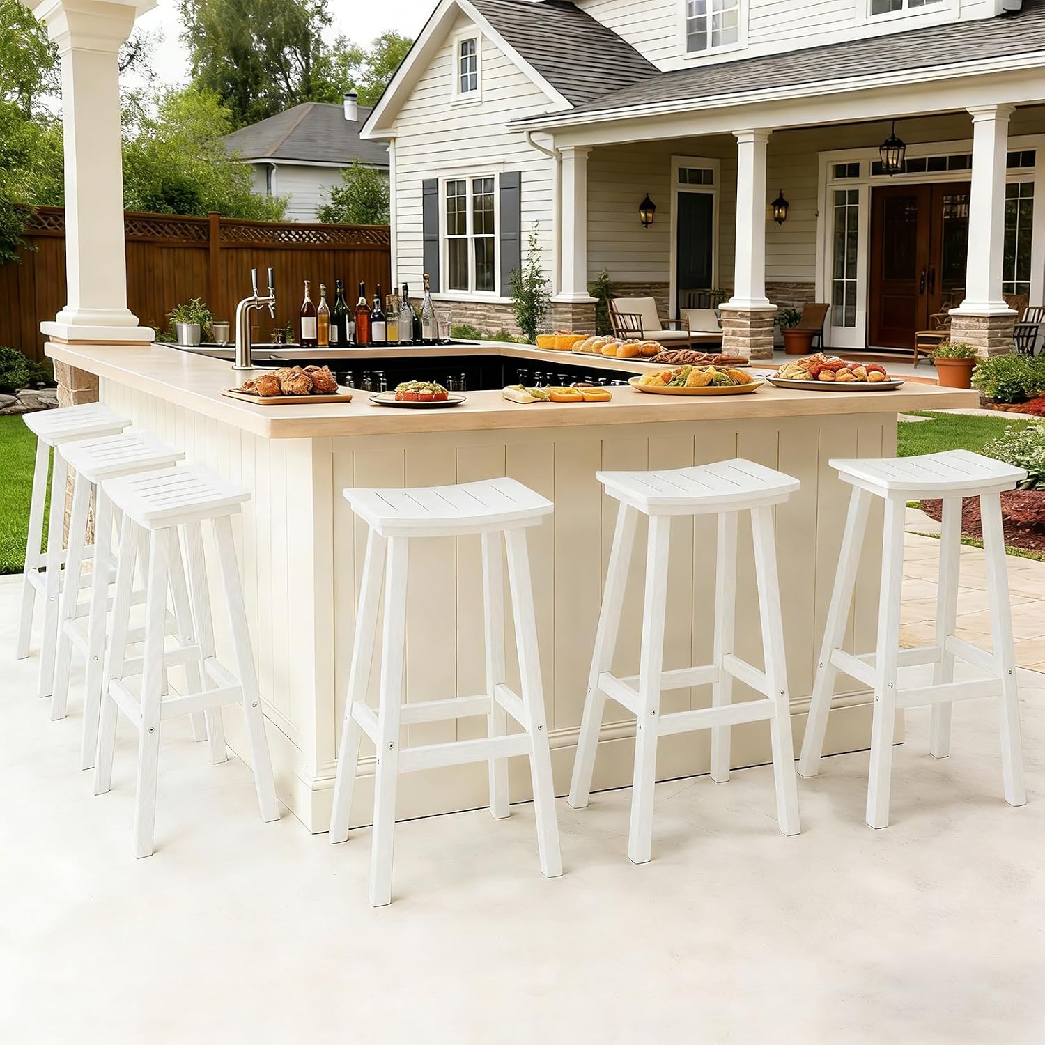 Outdoor Bar Stools Set of 6, 29 Inch All-Weather HDPE Bar Height Chairs, 500lbs Heavy Duty Patio Stools with Saddle Seat for Pub Table, Deck, Backyard(White, 6 Pcs 29")