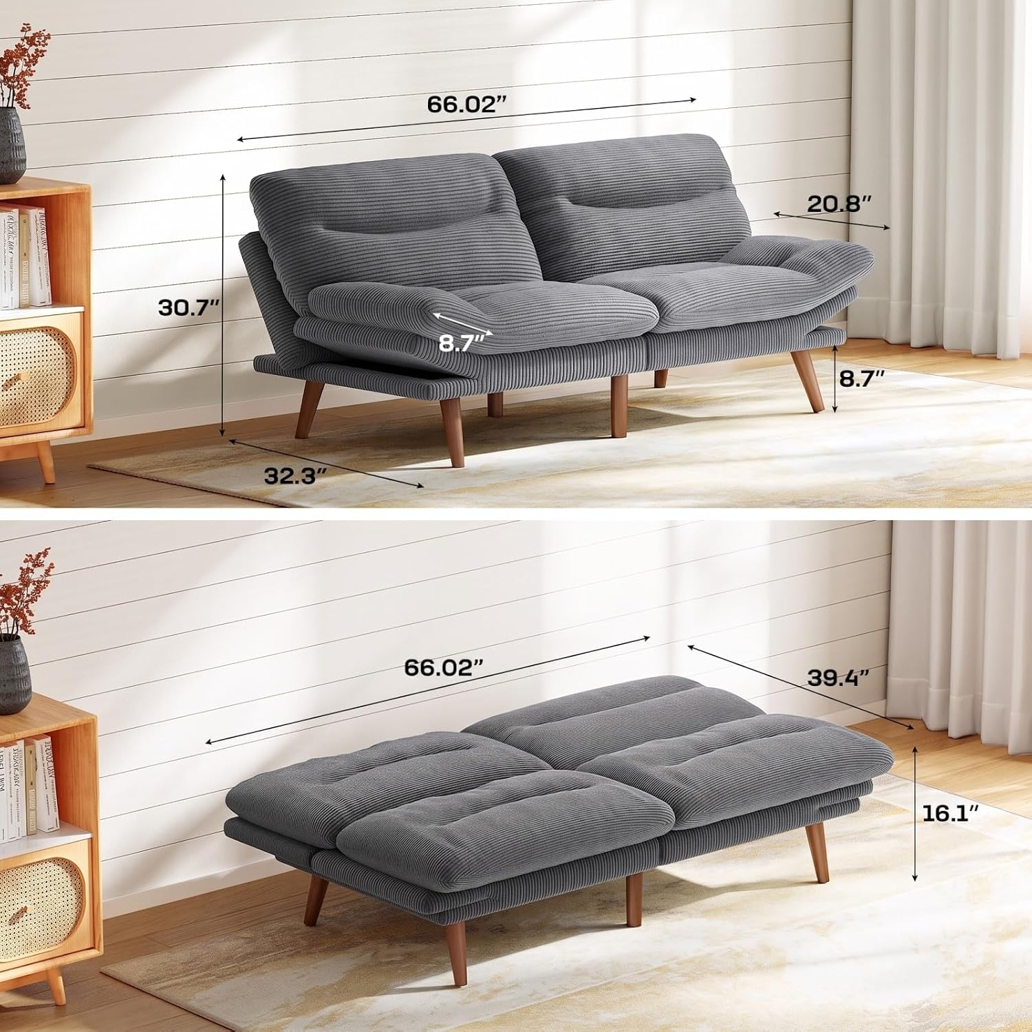 Marsail 66.02" Futon Sofa Bed, Convertible Couch & Sleeper Sofa, Light Grey | Versatile 2-in-1 Futon Sofa Bed with Adjustable Backrest & Armrests, Perfect for Small Apartments & Guest Rooms