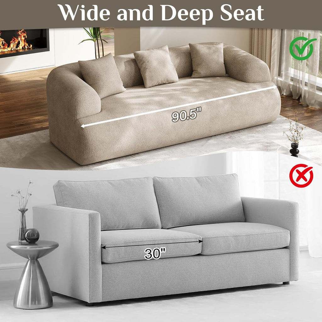 91" Couch,Cloud Couch,Chenille Curved Sofa with 3 Seater and 3 Pillows, Modern Compression Sofa for Living Room, Bedroom and Apartment, No Assembly Required, Light Brown