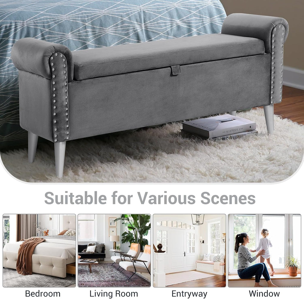 Storage Bench for Bedroom- Grey Velvet Bench with Storage 47" | Featuring Rolled Arms Decorative Nailhead Trim Safety Hinge Large Storage Space for Living Room, Entryway Pet Friendly