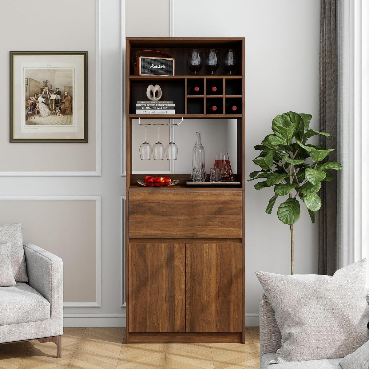 KEIKI 70.87" H Tall Kitchen Pantry Wine Bar Storage Cabinet with Countertop, Wine Rack, Glass Holder, Drawers, Wood Freestanding Hutch Food Pantries Cupboard for Coffee, Dining Living Room
