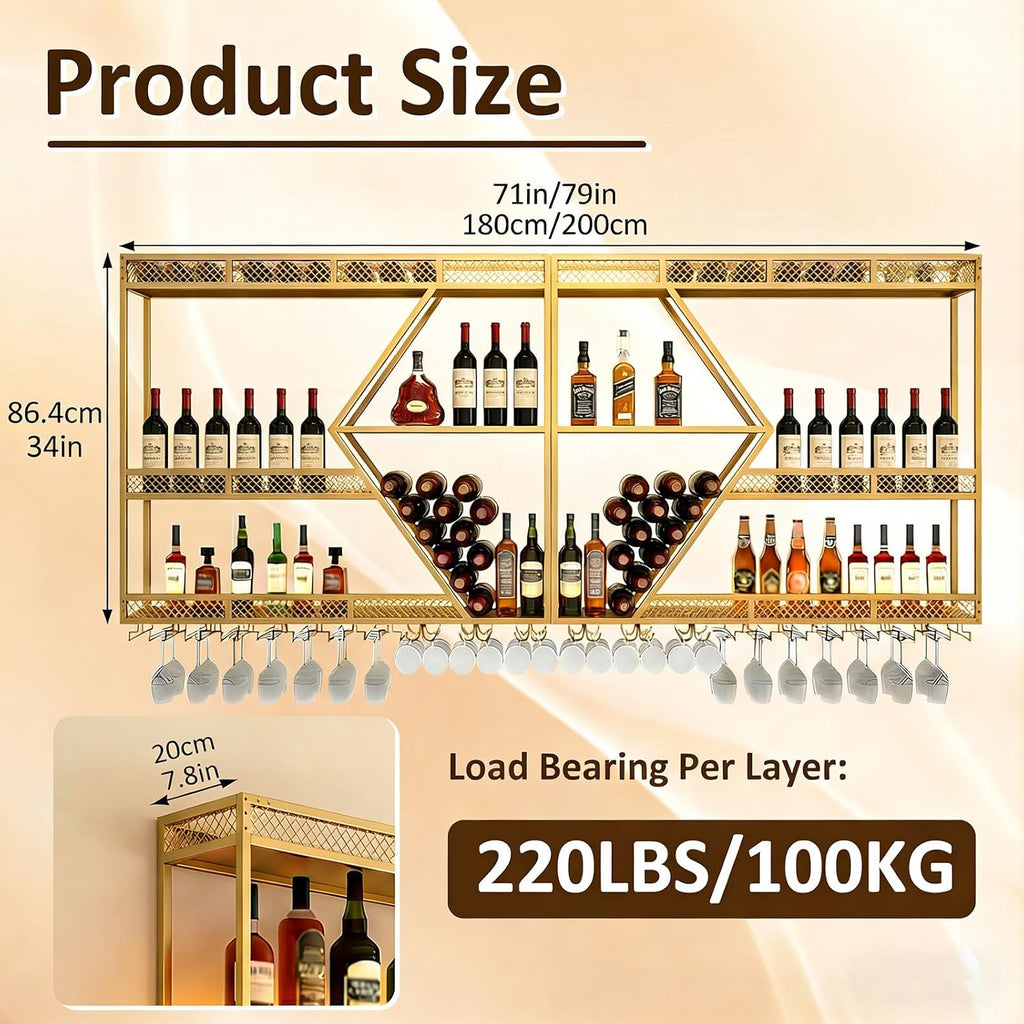 Wall Mounted Wine Rack, 71 Inch, 3-Tier Metal Bottle Shelf with Wine Glass Holder and LED Lights, Industrial Style for Home Bar, Restaurant (Gold, 71in)
