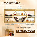 Wall Mounted Wine Rack, 71 Inch, 3-Tier Metal Bottle Shelf with Wine Glass Holder and LED Lights, Industrial Style for Home Bar, Restaurant (Gold, 71in)